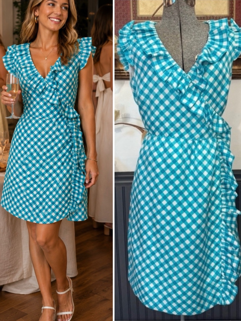 Kate Spade Aubrey Ruffle Neck Silk Blend Gingham Wrap Mini Dress ~ Size 6 🧡🍄